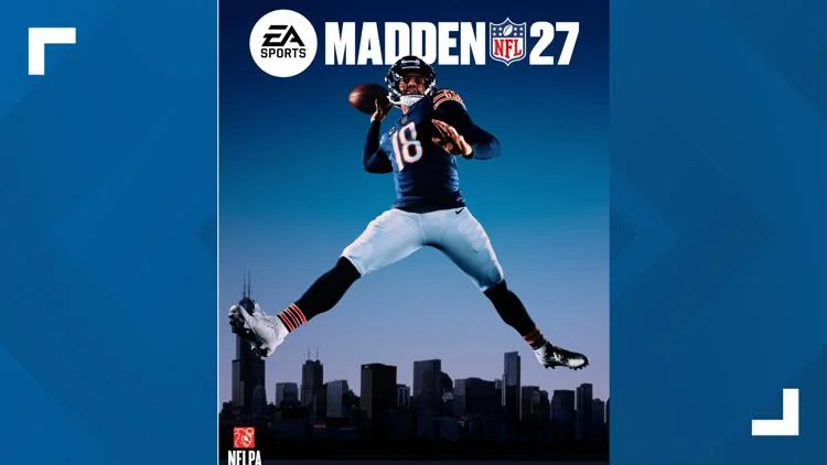 Caleb Williams strikes a jump-throw pose for 'Madden NFL...